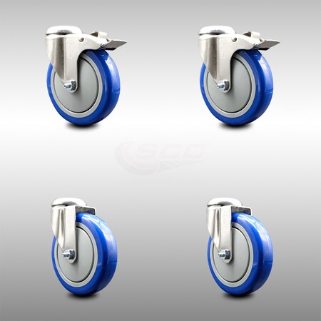Service Caster 5 Inch 316SS Blue Polyurethane Swivel Bolt Hole Caster Set with 2 Lock Brake SCC-SS316BHTTL20S514-PPUB-BLUE-2-S-2